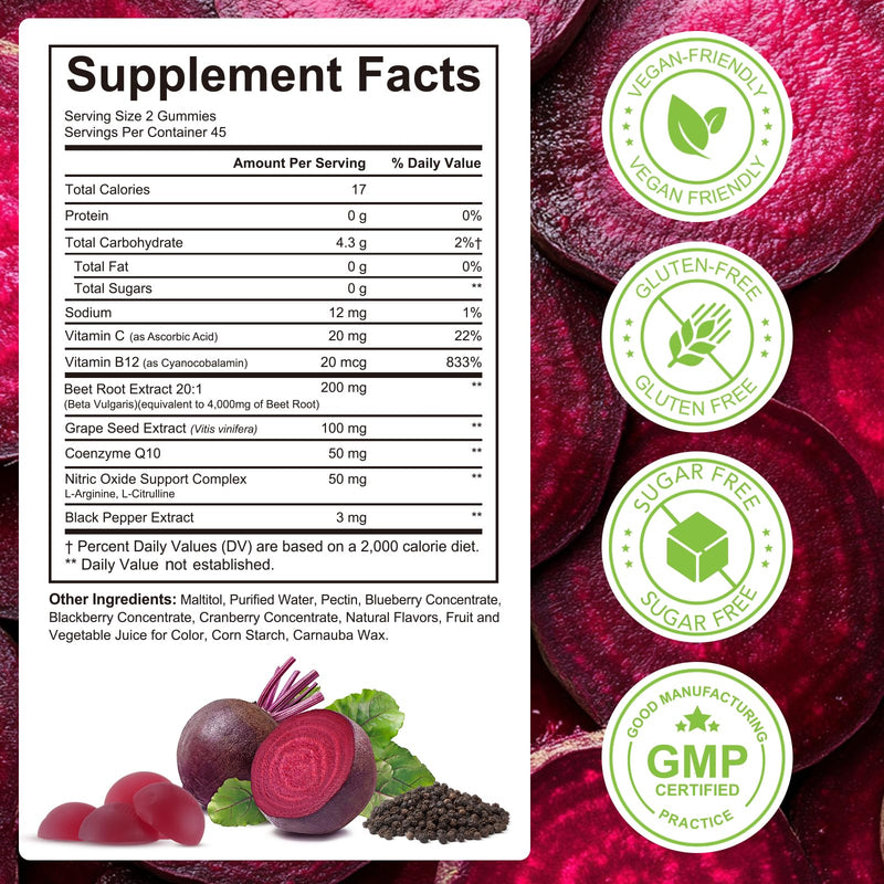 90 Chews Beet Root Gummies, Sugar Free | 8 in 1 Beet Root Extract with CoQ10, Grapeseed Extract 90 Chews for Antioxidant, Promoting Nitric Oxide, Energy Level Suport, with Vitamin B12, C 90 Count (Pack of 1)