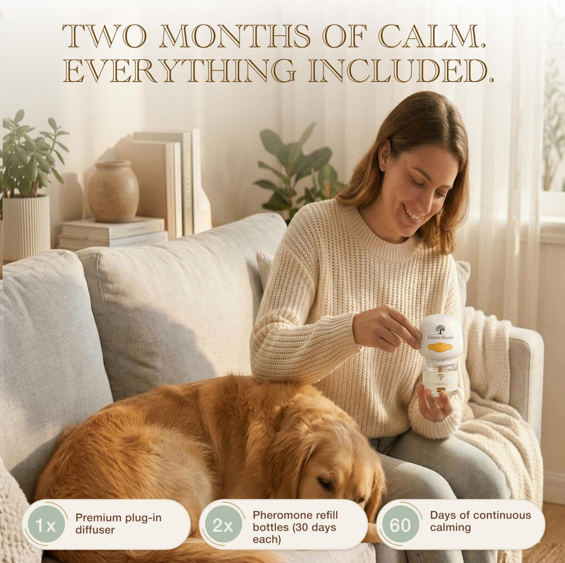 Eden & Hound Dog Calming Diffuser Starter Kit | Plug In Pheromone Diffuser for Dogs with 60 Day Refill | Helps Reduce Anxiety & Stress | Warm Ambient Night Light