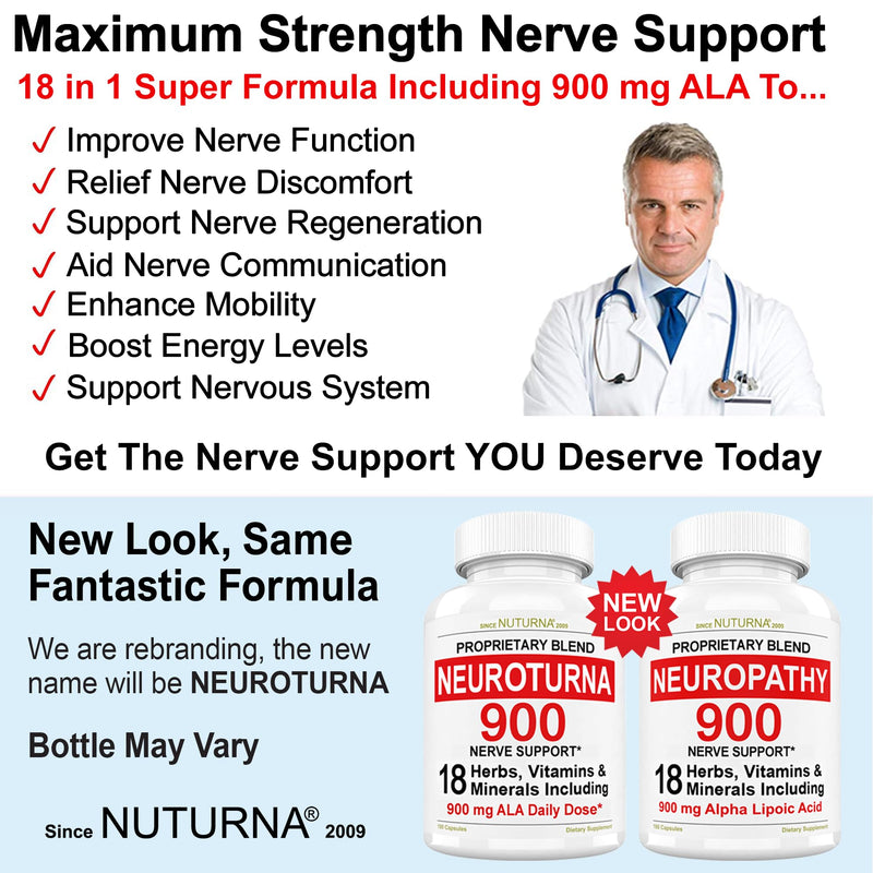 Neuropathy Support Nerve Supplement with 900 mg Pure Alpha Lipoic Acid - Maximum Strength Formula, Fortify Nerves in Fingers, Hands, Toes, & Feet - Best Peripheral Relief Support - 180 Capsules