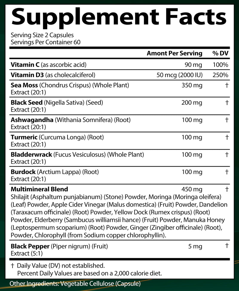 Sea Moss Black Seed Oil Ashwagandha Ginger, Organic Sea Moss Capsules with Burdock Root, Irish Seamoss Pills with Bladderwrack, Turmeric, Shilajit, Multimineral Supplement, USA (120 Capsules) 120 Count (Pack of 1)