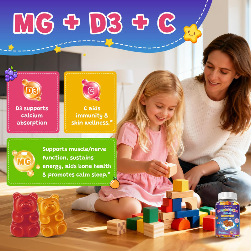 Magnesium Glycinate Gummies for Kids & Adults - Sugar Free Fruit Flavor, 60ct, Magnesium Supplement with L-Theanine, Vitamin B6, D3, Supports Sleep, Stress Relief, Muscle, Calm & Relaxation Health