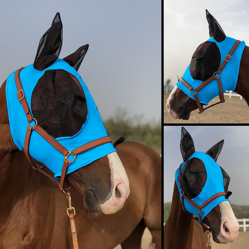 Horse Fly Mask with Ear, Elastic Horse Face Cover with Large Mesh Cover, Comfortable and Breathable Horse Face Cover, Riding Protection (Blue) Blue - BeesActive Australia