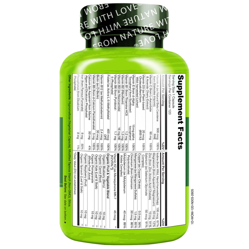 NATURELO One Daily Multivitamin for Women w/Vitamin B12, 120 Count | Energy Support, Whole Food Daily Women Multivitamin Supplement, Nourish Hair/Skin/Nail, Non-GMO, No Soy, Gluten Free Unflavored 120 Count (Pack of 1)
