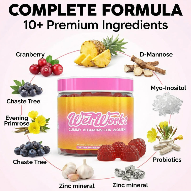 Wet Works Women's Vaginal Probiotic Gummies Pineapple Cranberry Folic Acid D-Mannose Vitamin C Chicory Myo Inositol Garlic Black Cohosh Zinc Iron Evening Primrose Chastetree 60 Count by Clean Nutra