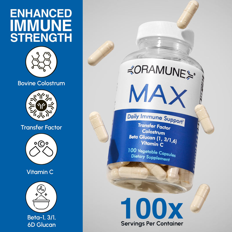 Max Support Supplement with Transfer Factor, Pure Bovine Colostrum, Beta-1, 3/1, 6-D Glucan & Vitamin C for Daily Immune System Function, Enhances Overall Health & Wellness - 100 Capsules Oramune Max