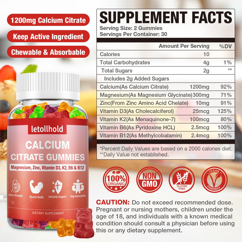 Calcium Citrate Gummies - 1200mg Calcium Gummies with Magnesium Zinc Vitamin D3,K2, B6, B12 for Bone, Muscle, Joints, Immune Support, High Absorption Calcium Supplements for Women & Men 2 Packs Mixed Fruit
