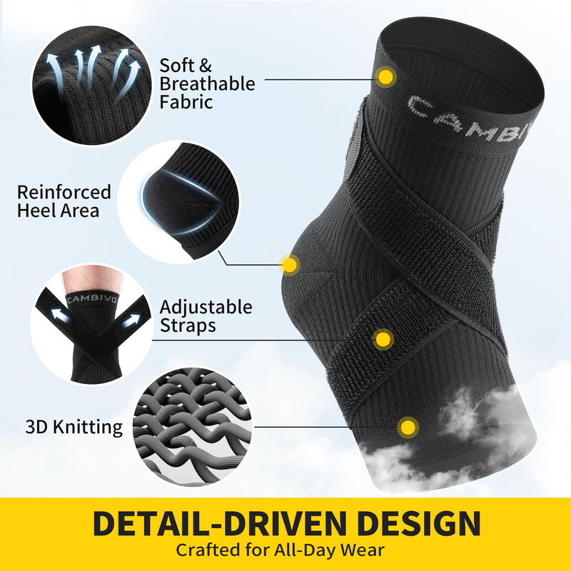 CAMBIVO 1 Pair Ankle Braces for Men and Women, Ankle Compression Socks for Foot Pain, Daily Wear, Fitness, Working, Achilles Tendonitis Relief Ankle Sleeve (Black with Strap, Medium) Black with Strap