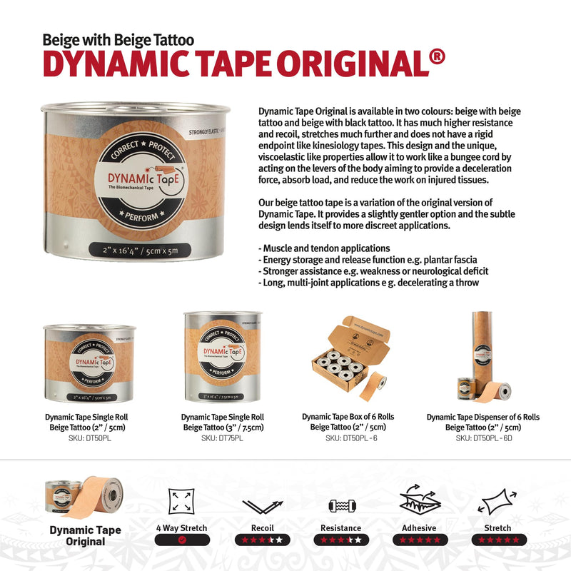 Dynamic Tape Original - Biomechanical Athletic Tape | 4 Way Stretch & Stronger Recoil Than Kinesiology Tape | Designed for Muscle & Joint Load Management | High-Load Sports Use (2" Beige Roll) 2 Inch - 1 Pack Original Beige - BeesActive Australia