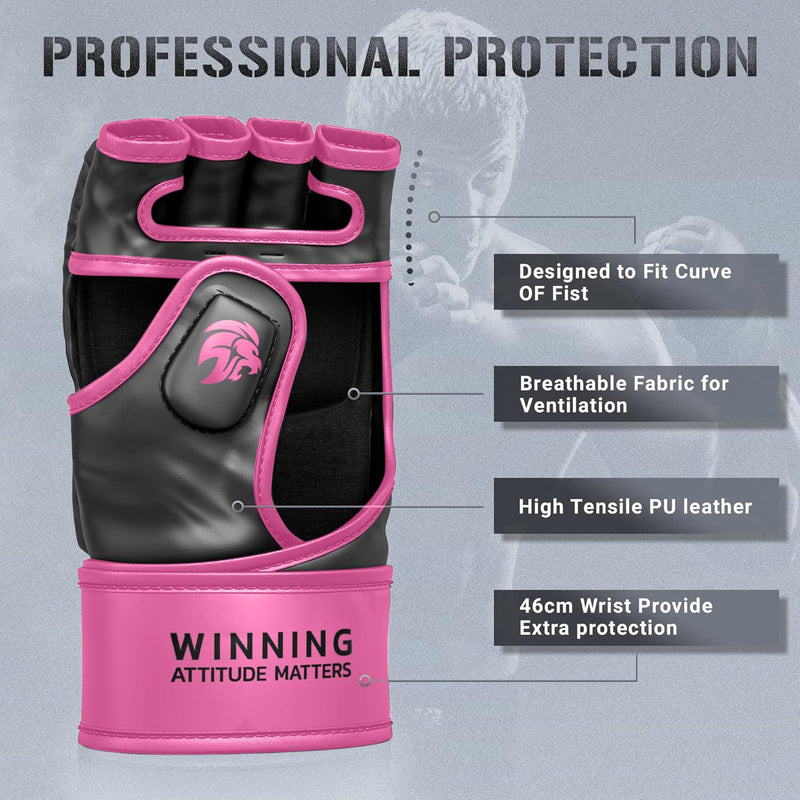 MMA Gloves - for Men & Women - MAXForce EVE Anti-Injury Shock Absorb Boxing Gloves Kickboxing Gloves - Half Finger, Open Palm for Muay Thai, Sparring, Punching Bag Pink Large/XLarge - BeesActive Australia