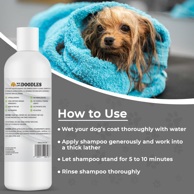 We Love Doodles Hypoallergenic Dog Shampoo, Conditioner & Detangler and Pet Bath Brush - Organic Ingredients, Sensitive Skin & Allergies, Made in USA, Grooming Brush for Shower Scrubbing & Soothing - PawsPlanet Australia