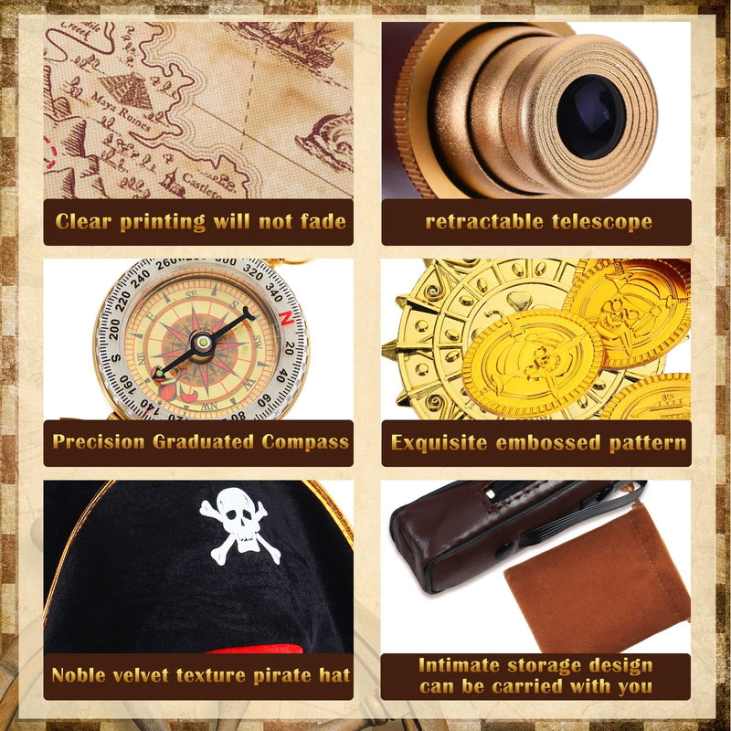 17 Piece Pirate Monocular Telescope Pirate Treasure Map Eye Patch Hat Pocket Compass Necklace Plastic Coins with Velvet Bag for Party Supplies