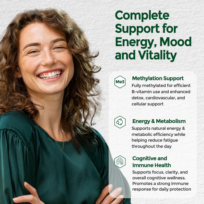 Methylated B Complex with TMG | Methylfolate 5-MTHF, Methylcobalamin B12, P5P B6, R5P B2 | MTHFR & Homocysteine Support | Energy, Focus & Mood | 90 Vegan Capsules | Non-GMO, GMP