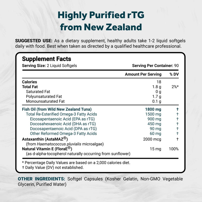 Naturalis Ultra rTG Omega 3 Fish Oil 1800mg 180 Softgels | IFOS Certified | Sourced from wild New Zealand tuna and enhanced with Astaxanthin for its distinctive natural dark red color.* 180 Count (Pack of 1)