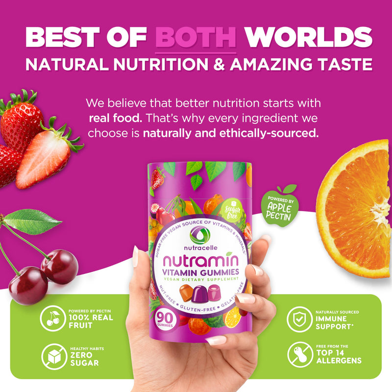 NUTRAMIN Daily Vegan Keto Multivitamin Gummies, Sugar-Free, 90 Count | Non-GMO Natural Vitamin C, D, Zinc for Immunity, Plant-Based, Nut-Free, Gluten-Free, Biotin, Vitamin A, B, B6, B12, 45-Day 90 Count (Pack of 1)