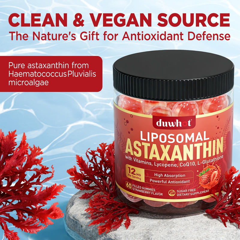 Liposomal Astaxanthin 12mg Gummies for Powerful Antioxidant, Vegan, 60 | Organic Astaxanthin Supplements with Lycopene, Glutathione, Vitamins & CoQ10 for Eye, Skin & Immune Health, Sugar Free