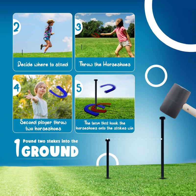 Lawn Horseshoes Game - Kids and Family Outdoor Backyard Horse Shoes Set Kit - STURDY Steel Spikes & Lightweight KID-SAFE Rubber Shoes (2 Spikes, 4 Horseshoes) - BeesActive Australia
