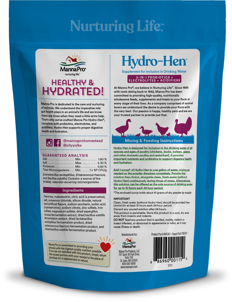 Manna Pro Hydro-Hen Poultry Electrolyte & Probiotic Supplement, Hydration Support for Chickens, Ducks, Turkeys & Waterfowl, 20 oz 1.25 Pound (Pack of 1)