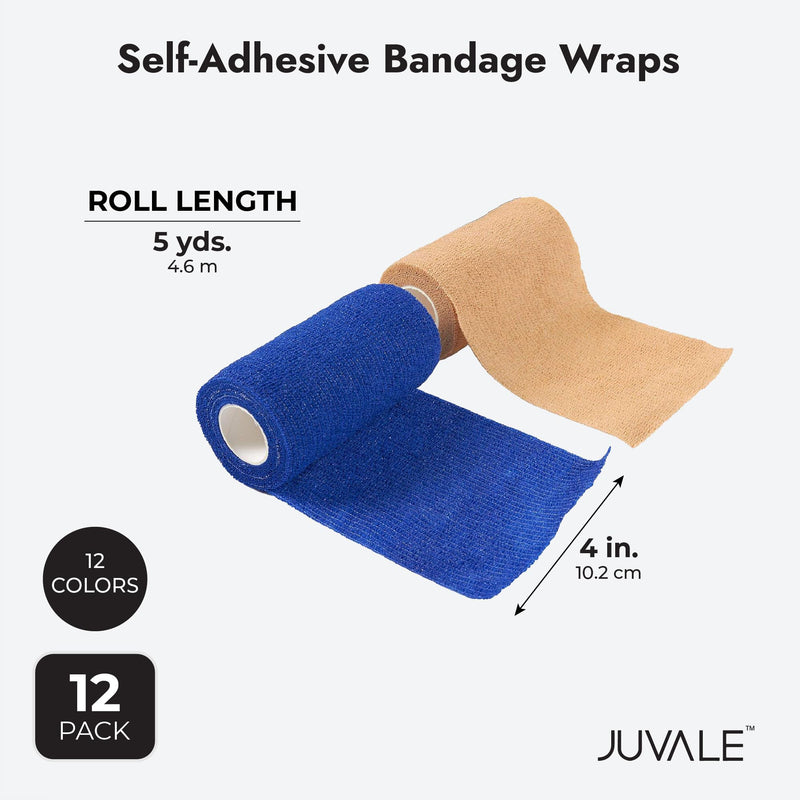 Juvale 12-Rolls Self Adhesive Bandage Wrap, Vet Tape - 4 in x 5 Yds Breathable, Elastic Cohesive Wrap Tape for Wrist, Swelling, Sports, Tattoo (12 Bright Colors) - BeesActive Australia