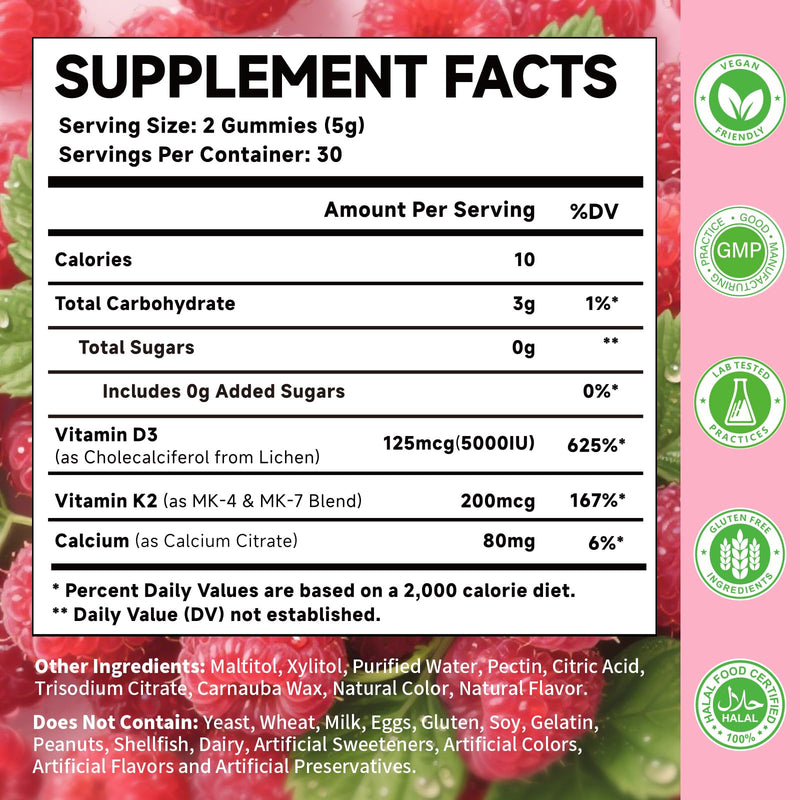 Vitamin D3 K2 Gummies with 5000IU D3, 200mcg K2 (MK-4 & MK-7 Blend), 80mg Calcium, Supports Calcium Absorption, Bone Health & Immune Support, Raspberry Flavor, 60 Count