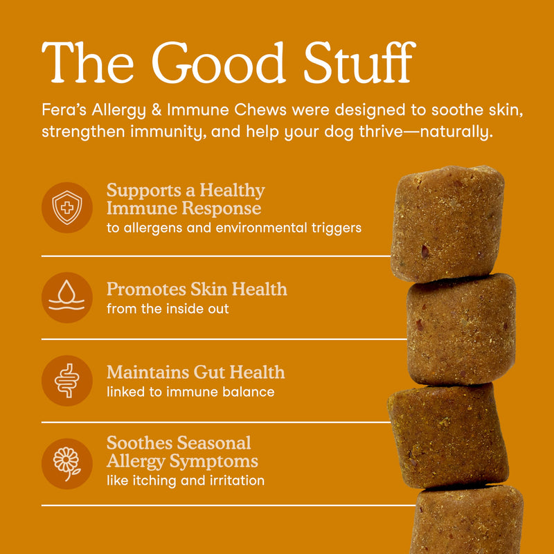 Fera Pets Dog Allergy and Immune Support with Organic Mushrooms, Postbiotics & Colostrum - Promotes Skin & Gut Health - Soothes Seasonal Allergy Symptoms - 30 Soft Chews 30 Chews