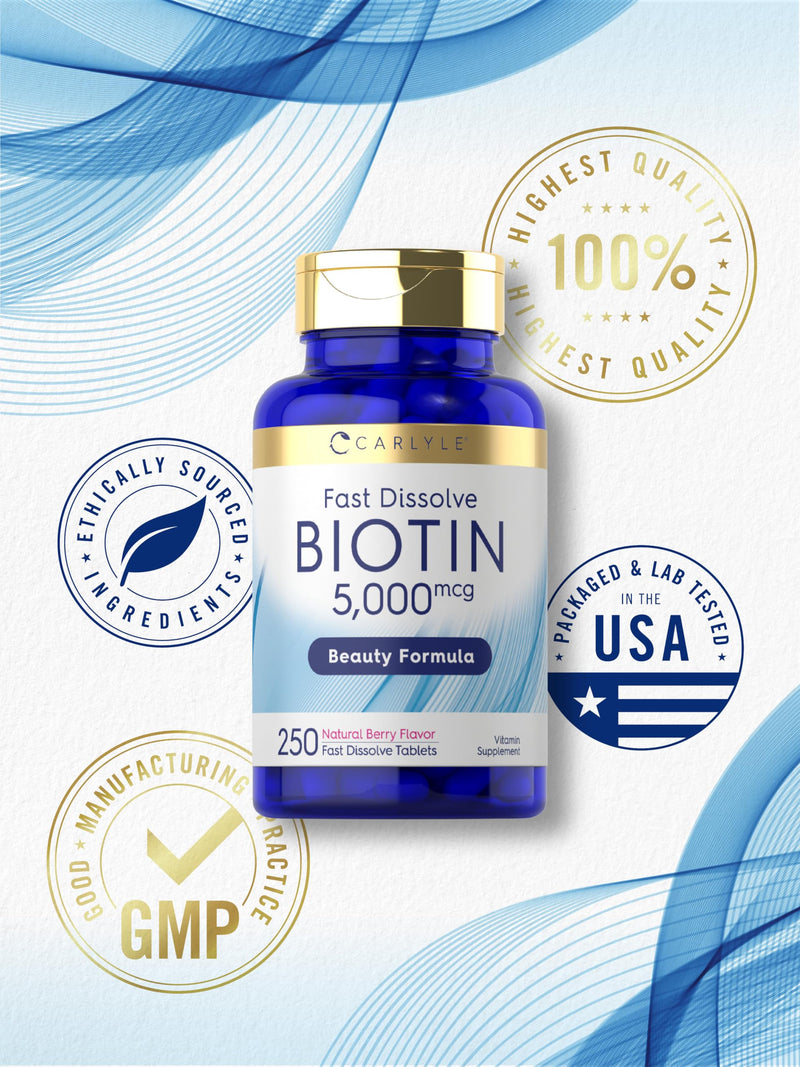 Carlyle Biotin 5000mcg | 250 Fast Dissolve Tablets | for Hair, Skin & Nails | Vegetarian, Non-GMO and Gluten Free Supplement 250 Count (Pack of 1)