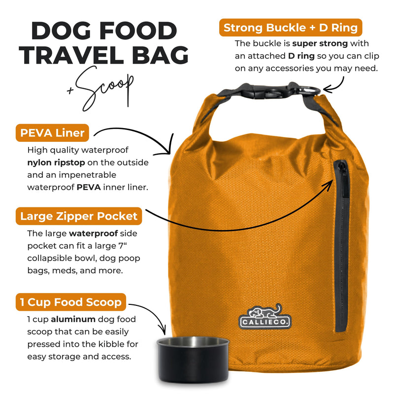 Dog Food Travel Bag w/ 1 Cup Scoop and Zipper Side Pocket | Waterproof Kibble Storage Container for Home, Road Trips, Camping, Boarding and More (Orange, 32 Cups) Orange - BeesActive Australia