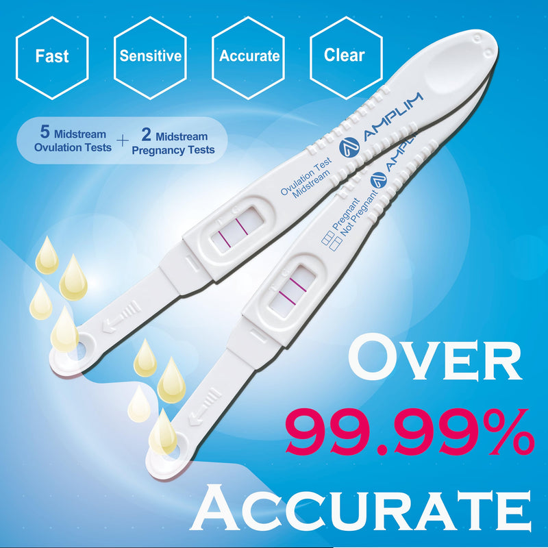 Amplim Midstream HCG Pregnancy Test (2) and LH Ovulation Tests (5) Kit, 99.99% Accurate at Home Pregnancy Predictor 6 Days Early Result, Extra Sensitive Fertility Tracker - FDA Cleared 1 Count (Pack of 7) - BeesActive Australia
