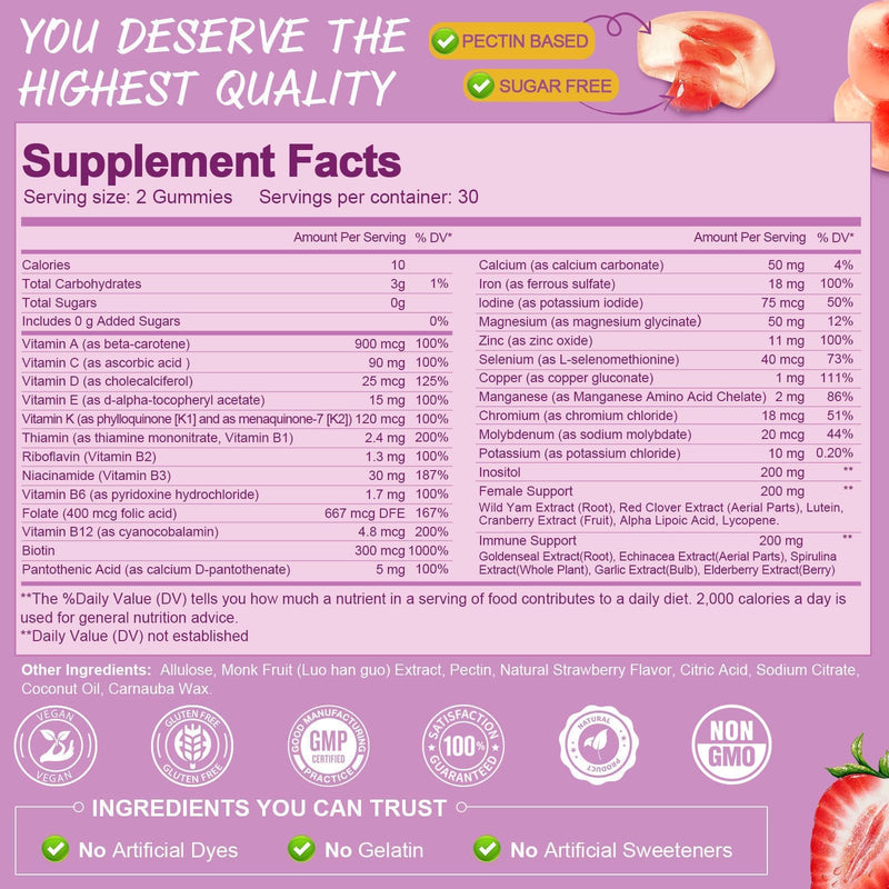 Totaria Sugar Free Multivitamin Gummies for Women 14+ w/Iron, Inositol, Folate, Biotin, Womens Daily Multivitamin Gummy w/Vitamin A, C, B, D3, K2, for Hair, Skin, Energy, Immune, Strawberry Flavor 60 Count (Pack of 1)