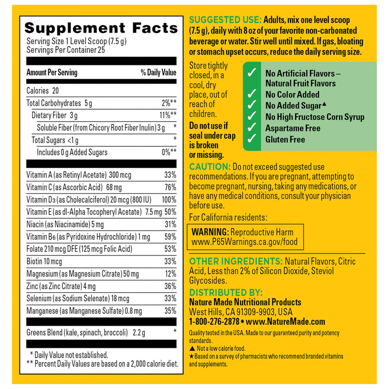 Nature Made Super Greens Powder with Prebiotic Fiber Drink Mix, 6.61 oz | Made with 1 Cup Veggies Per Serving, Fiber Supplement + Vitamins and Minerals, Gluten Free, Peach Mango Flavor, 25 Day Supply