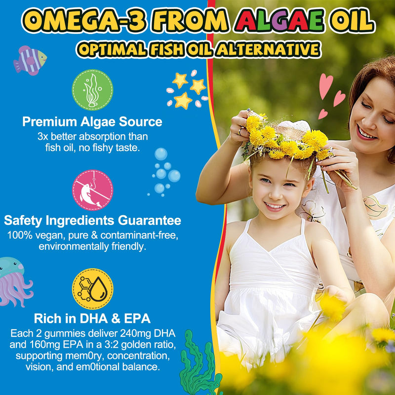 Organic Kid’s Omega-3 Gummies: Chewable Fish Oil Alternative Vegan Omega 3 Fatty Acid Supplement with DHA EPA Vitamin D3 B12 Calcium Magnesium - Focus Immune Health Support for Kids(60count) Mango 60 Count (Pack of 1)