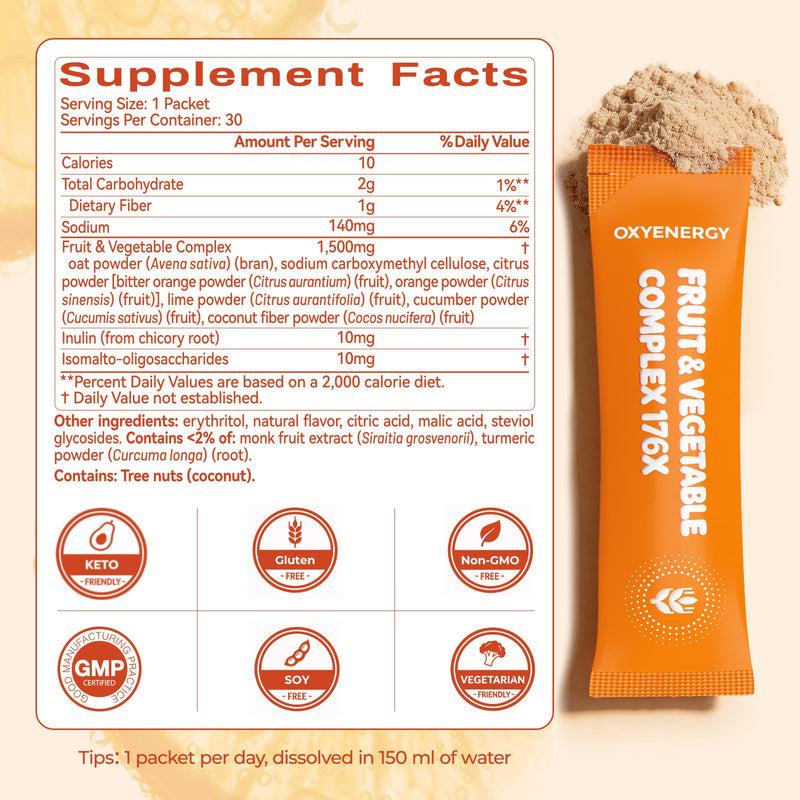 OxyEnergy Fiber Supplement Powder for Women & Men - Fruit & Vegetable Complex Daily Fiber, Weight Loss & Gut Health, Appetite Suppressant & Prebiotics & Relieve Bloating, Orange Flavored 30 Packets