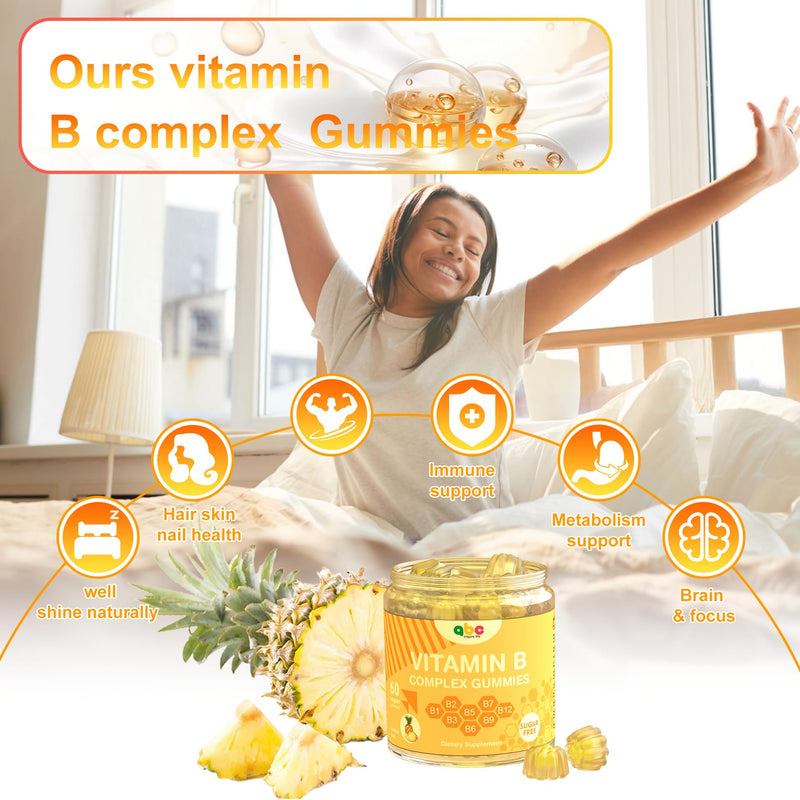 Vitamin B Complex Gummies for Adult Kid-Pineapple Flavor-Chewable Supplement with 8 Essential B Vitamins (B1, B2, B3, B5, B6, B7, B9, B12) Non GMO,Vegan 60 Count 60 Count (Pack of 1)