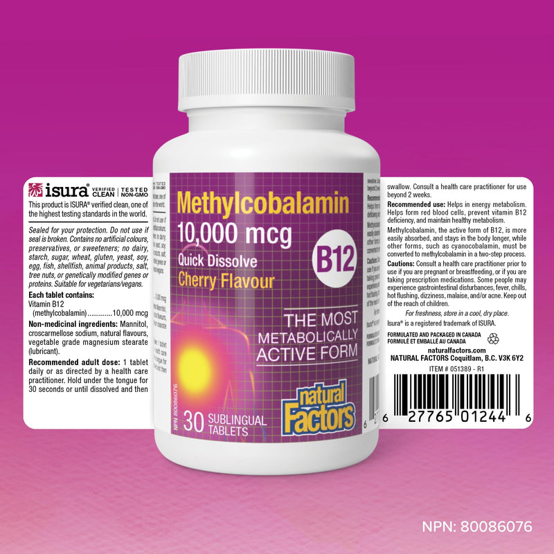 Natural Factors Methylcobalamin 10,000 mcg - Vitamin B12 Supplement in Metabolically Active Form - Supplement Supports Cll Formation & Energy Production - 30 Chewable Tablets (30 Servings) 30 Count (Pack of 1)
