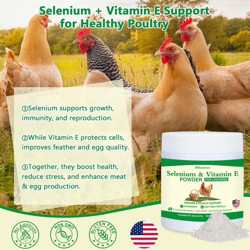 Selenium and Vitamin E Powder for Chickens, Selenium for Chickens, Immune System, Muscle Support & Prevents, Improve Wry Neck, Selenium, Vitamin E Supplements, Suitable for All Poultry, Chicken & More