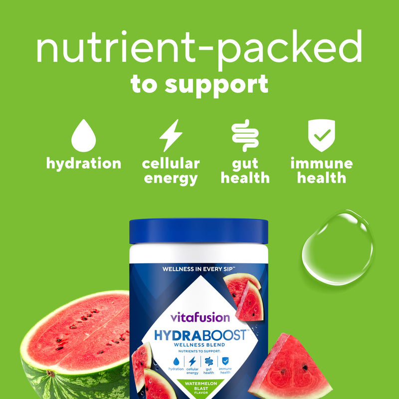 Vitafusion Hydraboost Hydration Drink Mix, Electrolytes Support Daily Hydration, Vitamins Support Cellular Energy & Immune Health, Prebiotic Fiber Supports Gut Health, Watermelon Blast, 30 Servings
