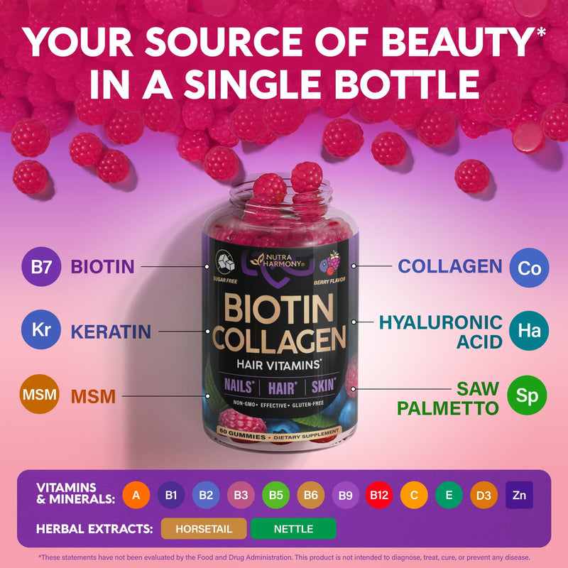 Biotin Gummies for Hair Growth Support - for Women & Men - Berry, Pack of 2 | Biotin 10000mcg, Collagen, Keratin, Hyaluronic Acid, B-Complex, Saw Palmetto - Hair, Skin & Nail Strengt Support - Sugar-Free Mixed berry 60 Count (Pack of 2)