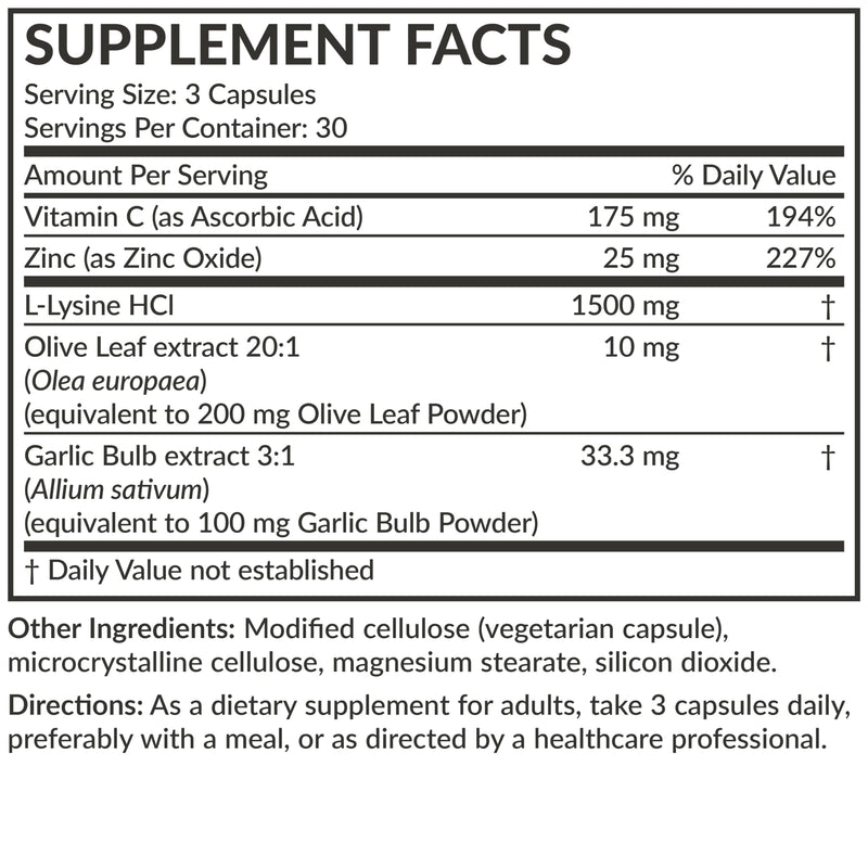 Futurebiotics L-Lysine Defense Immune Support Complex 1500 MG Per Serving with Vitamin C, Zinc, Olive Leaf & Garlic - Non-GMO, 90 Vegetarian Capsules 90 Count (Pack of 1)