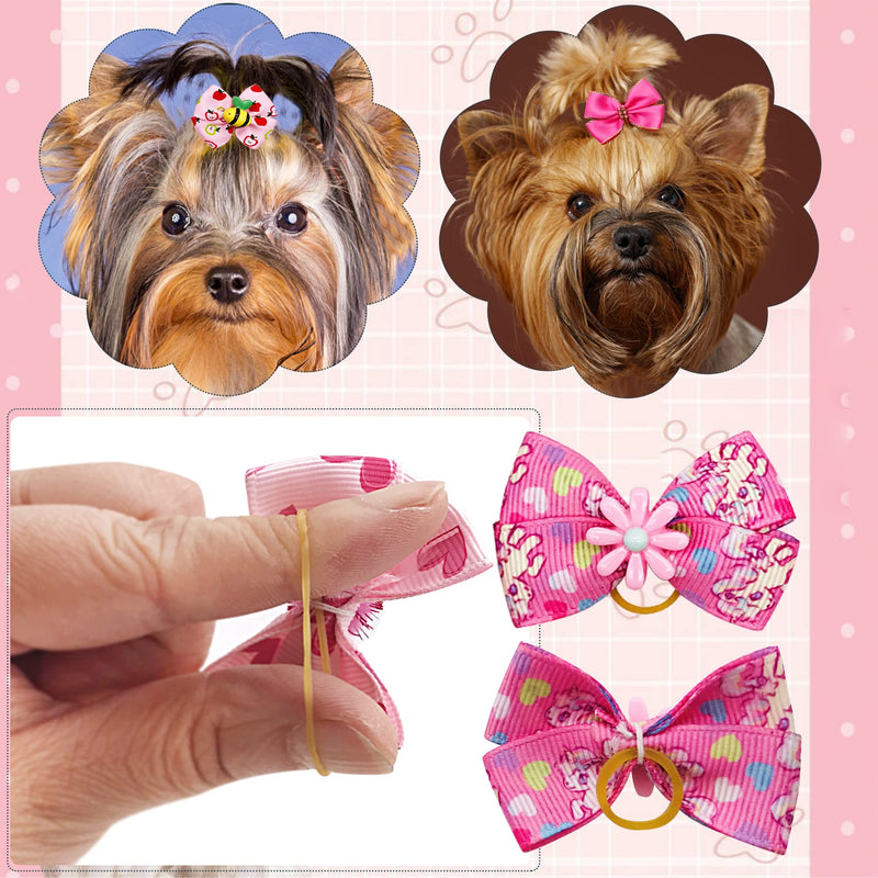 30PCS/15PAIRS Pink Dog Hair Bows with Rubber Bands Puppy Hair Bowknot Top Knot Elastic Radom Pattern for Girl Female Doggy Poodle Pet Animal Grooming Accessories Attachment - BeesActive Australia
