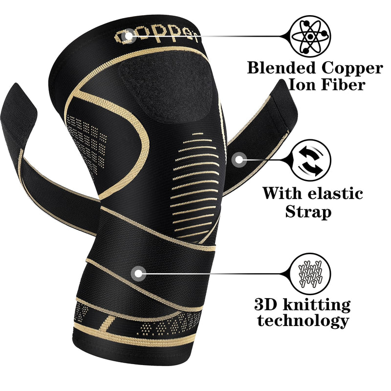 Copper Knee Braces with Strap for Knee Pain Women and Men(2 Pack), Knee Compression Sleeve for Arthritis, ACL, Meniscus Tear, Joint Pain Relief, Knee Support for Working, Running, Weightlifting(M) Black+Copper Medium