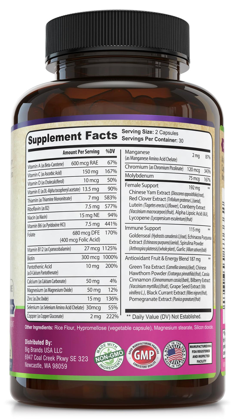Womens Daily Multivitamin Multimineral Supplement for Energy, Mood, Focus, Hair, Skin & Nails. Made for Women with 30+ Nutrients, Fruit & Energy Blend. Womens Vitamins, USA Made.