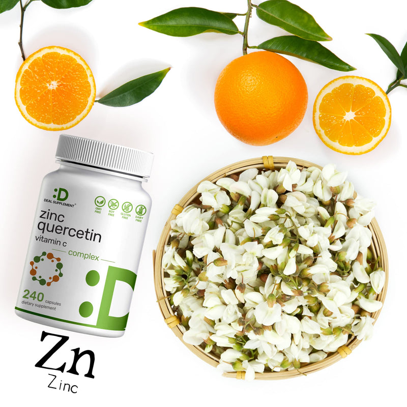Zinc + Quercetin 500mg with Vitamin C, 240 Capsules, 4-1 Zinc 50mg Complex with 95% Quercetin Supplement for Ultimate Immune Support - Premium Quercetin with Zinc, 4 Months Supply - BeesActive Australia