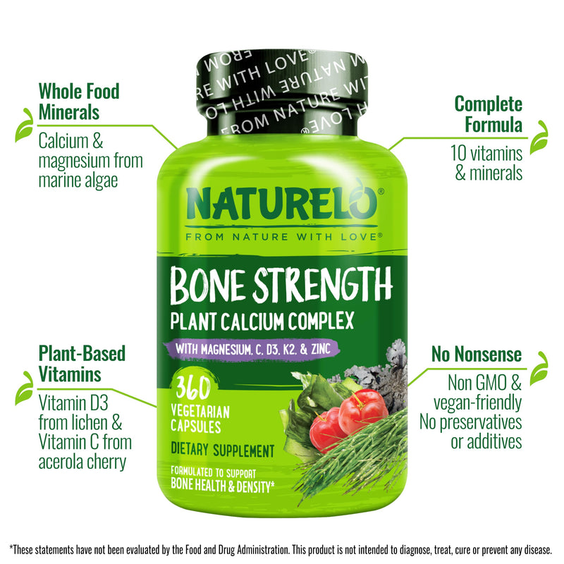 NATURELO 600mg Calcium Supplement for Bone Strength, VIT D3, 360 Capsules | Magnesium, Zinc, Vit K2, for Women & Older Adults, Plant-Based, Well Tolerated, NSF Contents Certified, MFD in GMP Facility Unflavored 360 Count (Pack of 1)