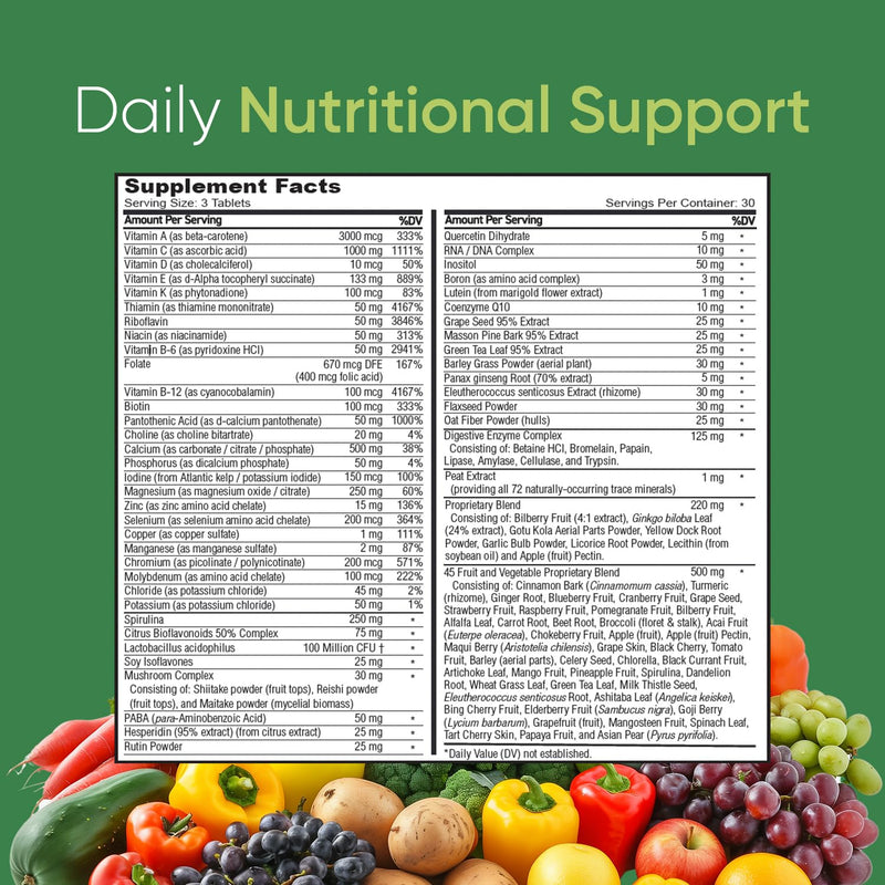Vibrant Life Multivitamin with Probiotics, 30-Day Supply | Digestive enzymes, B-complex, 45+ fruits and vegetables, non-GMO, gluten-free vitamins and minerals for men and women