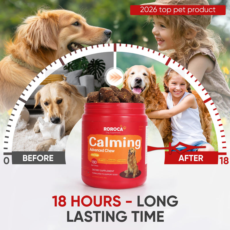 Calming Chews for Dogs – Fast-Acting Anxiety Relief for Thunder, Fireworks & Separation – Long-Lasting Up to 18 Hrs – Melatonin, Chamomile & Valerian – Tasty Soft Chews for All Breeds（180 Ct） Red