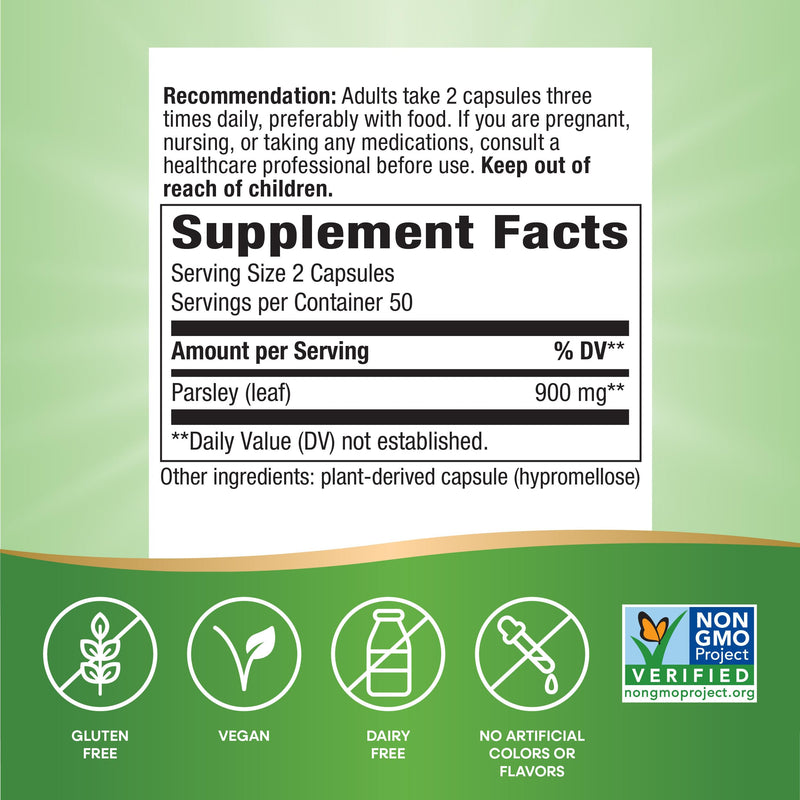 Nature's Way Parsley Leaf, Traditional Herb, 900 mg per 2-Capsule Serving, Non-GMO Project Verified, Vegan, 100 Capsules (Packaging May Vary) 100 Count (Pack of 1)