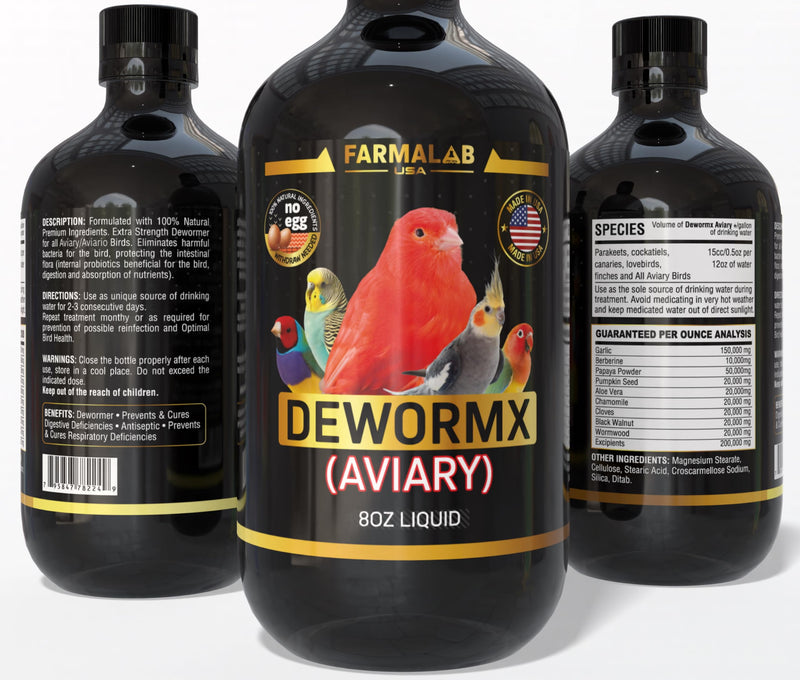 Farmalab Natural Dewormer No Withdraw Hens, Ducks, Roosters, Turkeys, Goose, Parakeets, Cockatiels, Lovebirds, Finches, Quakers, Pigeons, Palomas, Buchones, All Baby Chicks (8oz, Caged Birds Aviary) 8 Fl Oz (Pack of 1)