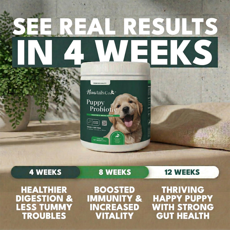 Puppy Probiotic Powder for Digestive Health & Diarrhea Relief, Gut Health Supplement with Prebiotics & Colostrum, Relieves Itchy Skin & Supports Immune System, Chicken Flavor, 14oz | NovaTails Co.