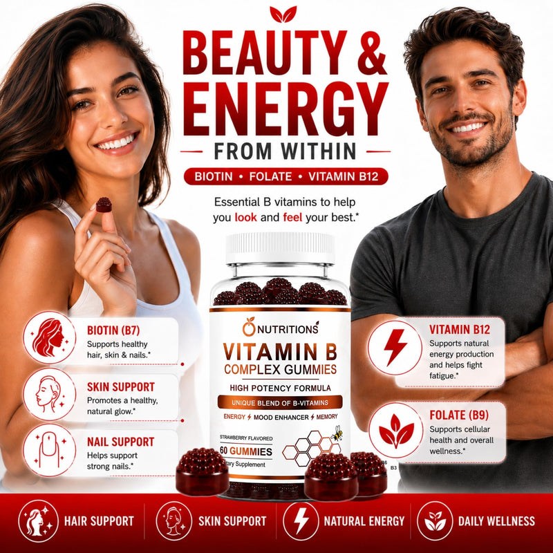 O NUTRITIONS Vitamin B Complex Gummies for Women & Men - Vitamin B12, Biotin, Folate, Vitamin C - Energy, Mood, Memory & Focus Support - Hair, Skin & Nails - Vegan Strawberry Gummies, 60 Count 1 PACK