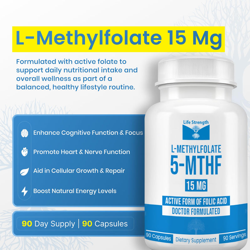 L-Methylfolate 15mg | 90 Capsules | Optimized & Highly Bioactive Methyl Folate Supplement | 5-MTHF Supports for Energy, Focus & Mood | Non-GMO, Gluten Free, Vegan | 3 Month Supply 15 mg