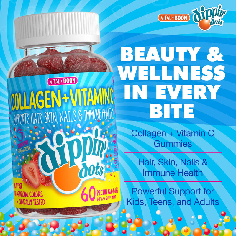 Dippin' Dots Collagen Supplements for Women, Vitamin C Gummies (60 Ct) | Strawberry Sunset Creme collagen gummies with Vitamin C support hair, skin, nails & immune health; no artificial colors. 60 Count (Pack of 1)